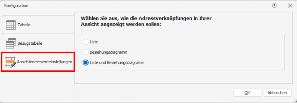 cobra Adressverknuepfung Liste Beziehungsdiagramm Ansichteneditor
