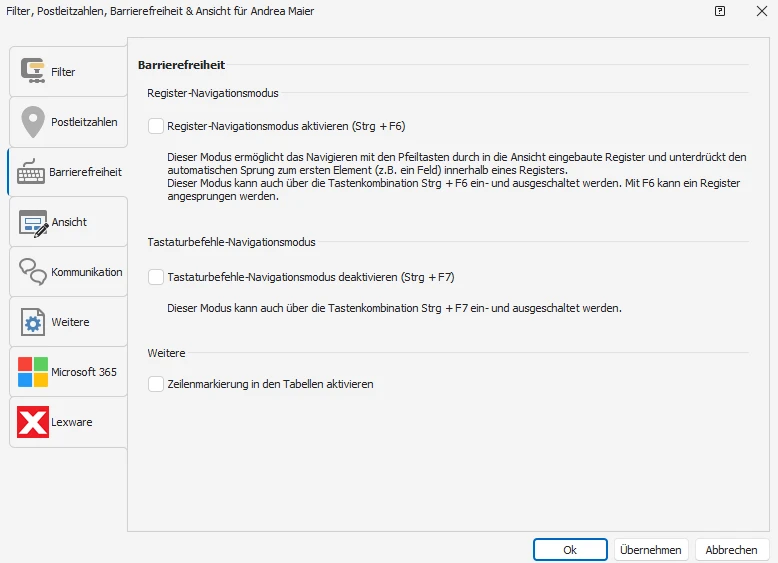 Benutzereinstellungen Barrierefreiheit