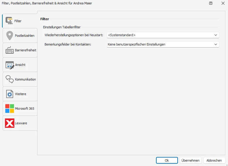 Benutzereinstellungen Filter