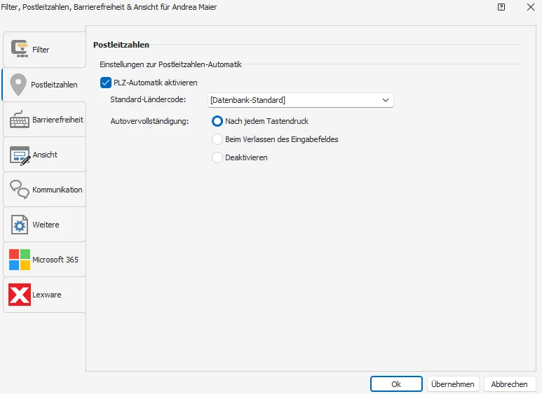 Benutzereinstellungen Postleitzahlen