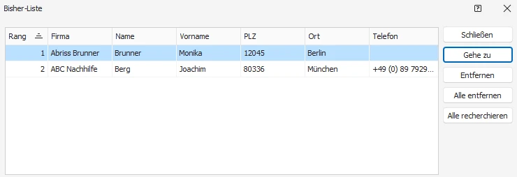 Bisher-Liste Dialog