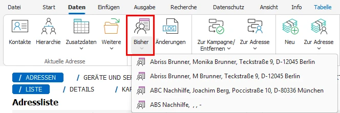 Bisher-Liste im Menüband