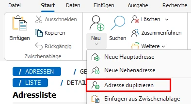 Adresse duplizieren Untermenü