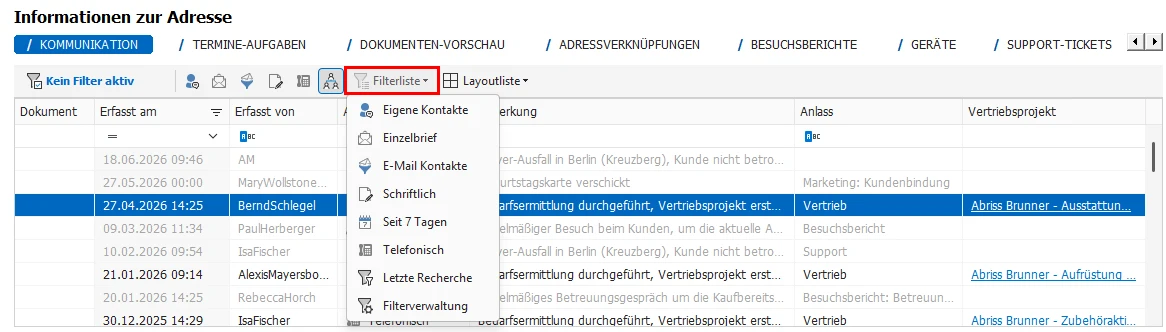 Filter-Schaltfläche Kontakthistorie