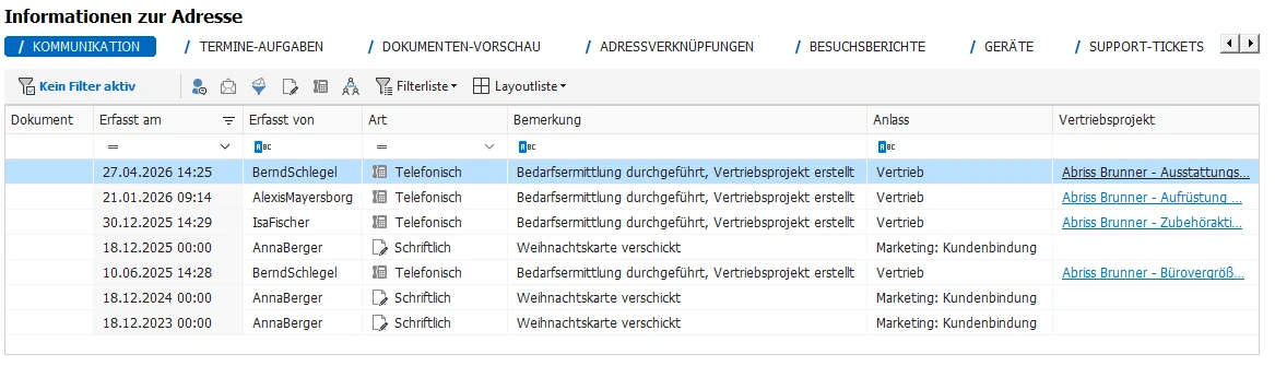 Kontakthistorie-Liste