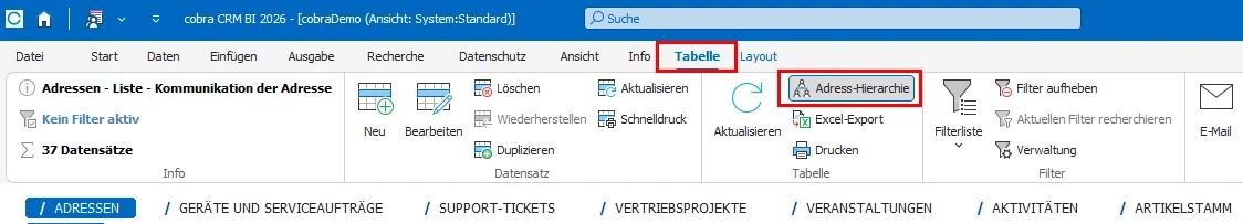 Adress-Hierarchie im Menüband Tabelle