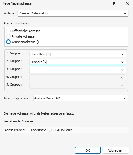 Adressoptionen Nebenadresse