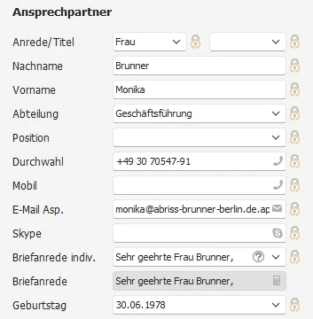 Nebenadresse mit übernommenen Daten