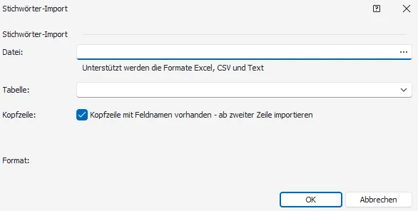 Stichwort-Import-Dialog