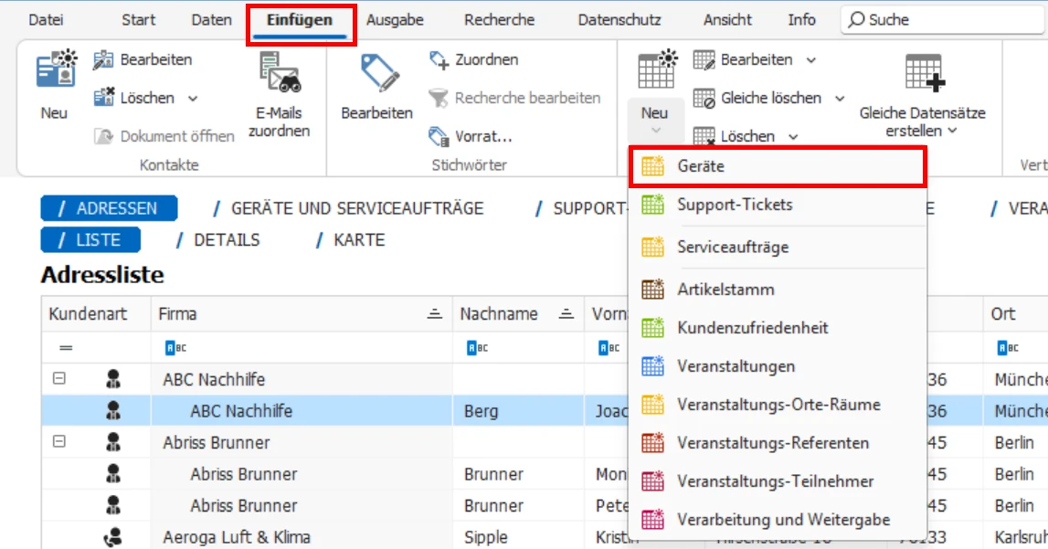 cobra Adressen Zusatzdaten Datensatz neu