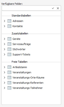Exportfelder Suche