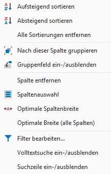 Spalten-Kontextmenü