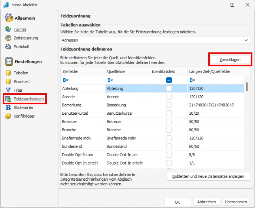 cobra DSGVO Datenschutz PBD Datenabgleich Datenbankabgleich Feldzuordnungen