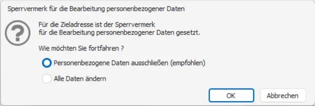 cobra DSGVO Datenschutz PBD neue Daten erfassen Sperrvermerk Warnung