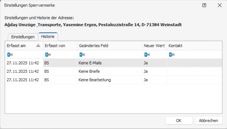 cobra DSGVO Datenschutz PBD neue Daten erfassen Sperrvermerk Historie