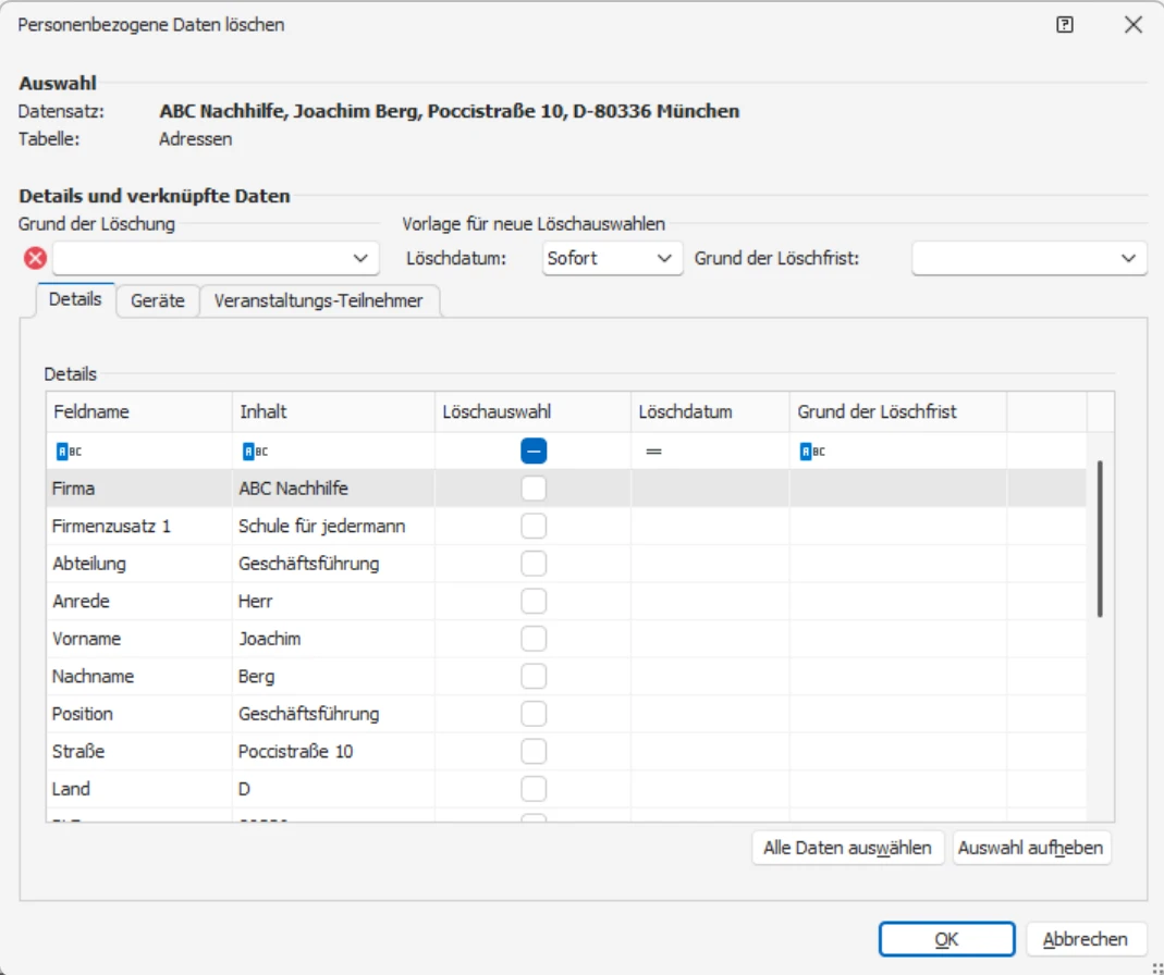 cobra DSGVO Adresse PBD Details Loeschen