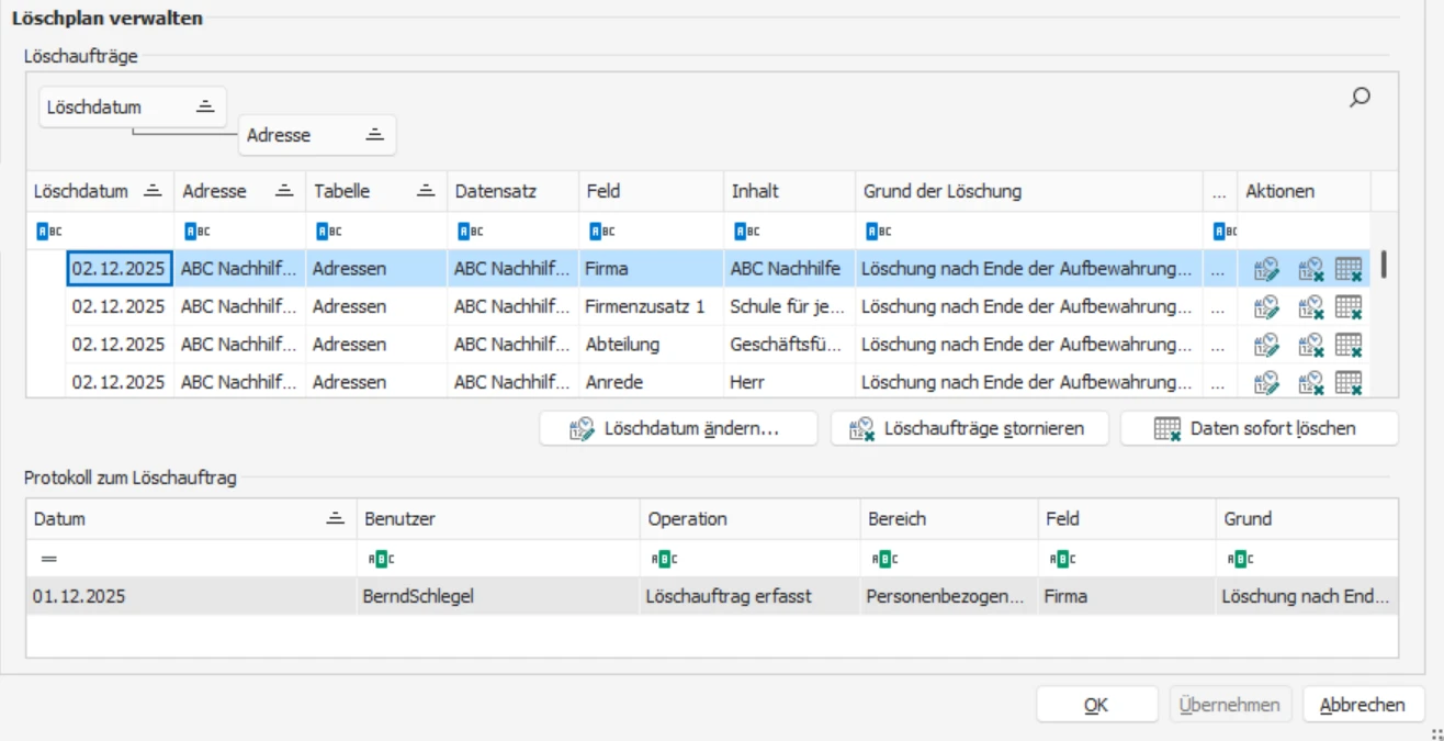 cobra DSGVO Adresse PBD Details Loeschen Loeschplan Beispiel