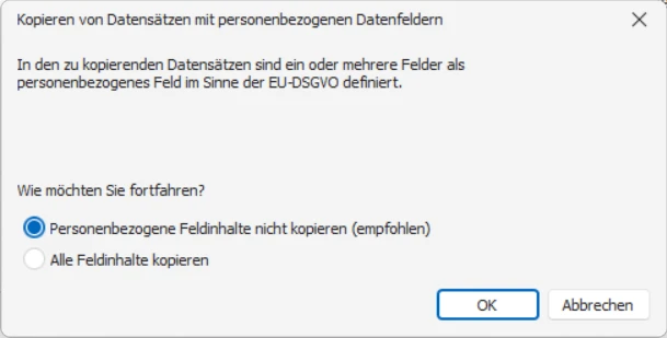 cobra DSGVO Datenschutz PBD neue Datensaetze kopieren duplizieren Warnung