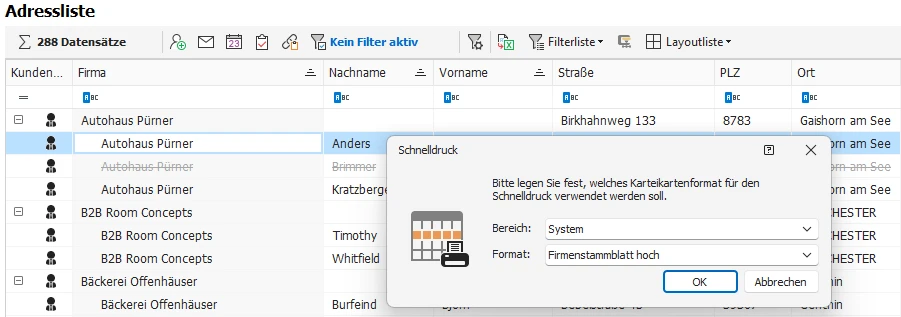 Schnelldruck-Formatauswahl