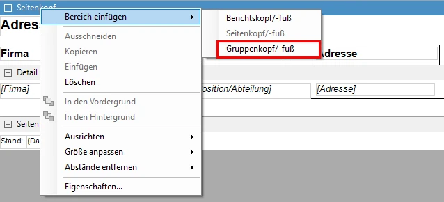 Bereich einfügen Kontextmenü