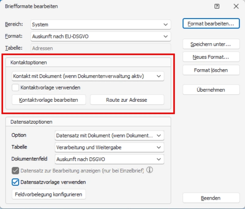 cobra Briefformate bearbeiten Kontaktoptionen