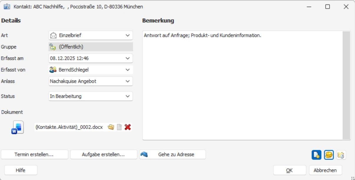 cobra Briefformate bearbeiten Kontaktvorlage Kontakterfassung Beispiel