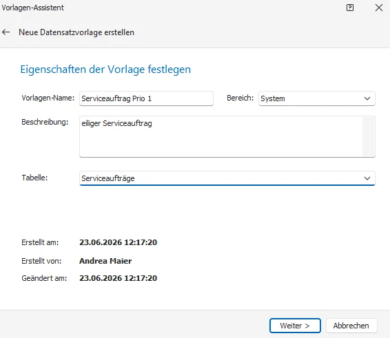 Datensatzvorlage Assistent Schritt 1