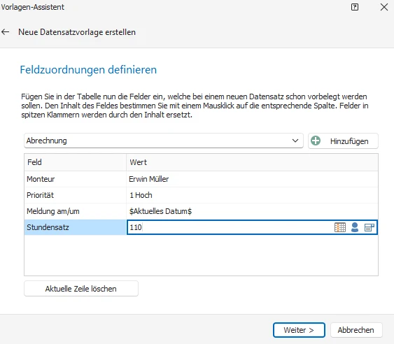 Datensatzvorlage Assistent Schritt 2