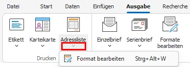 Menüband Drucken Etikett/Karteikarte/Adressliste