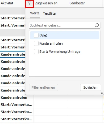Filter-Kopfbereich