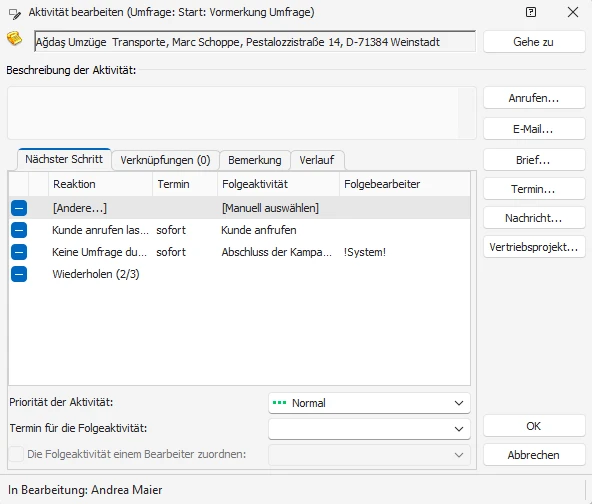 Folgeaktivität wählen