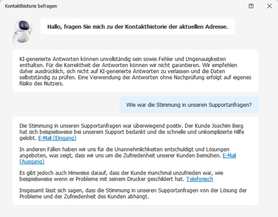 cobra Kontakthistorie befragen Beispiel