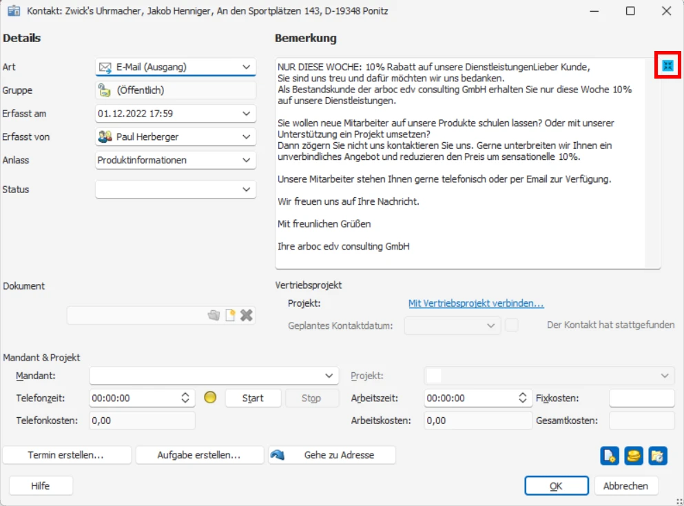 cobra KI-Integration Bemerkung Zusammenfassen