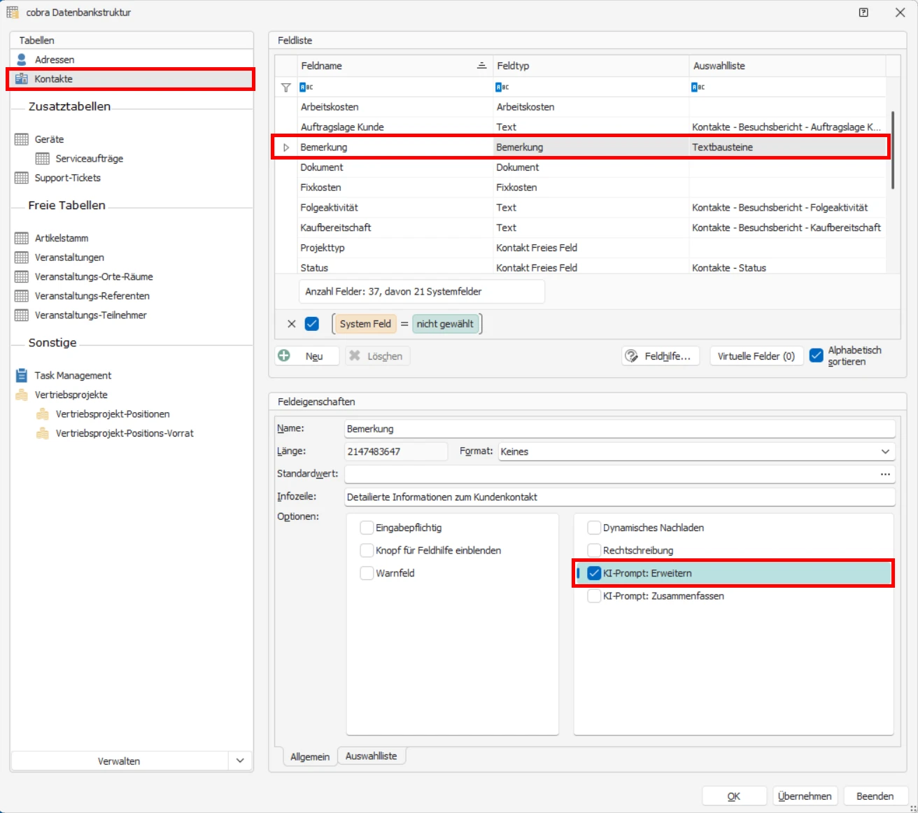 cobra KI-Integration Datenbankstruktur Feldeigenschaften Erweitern