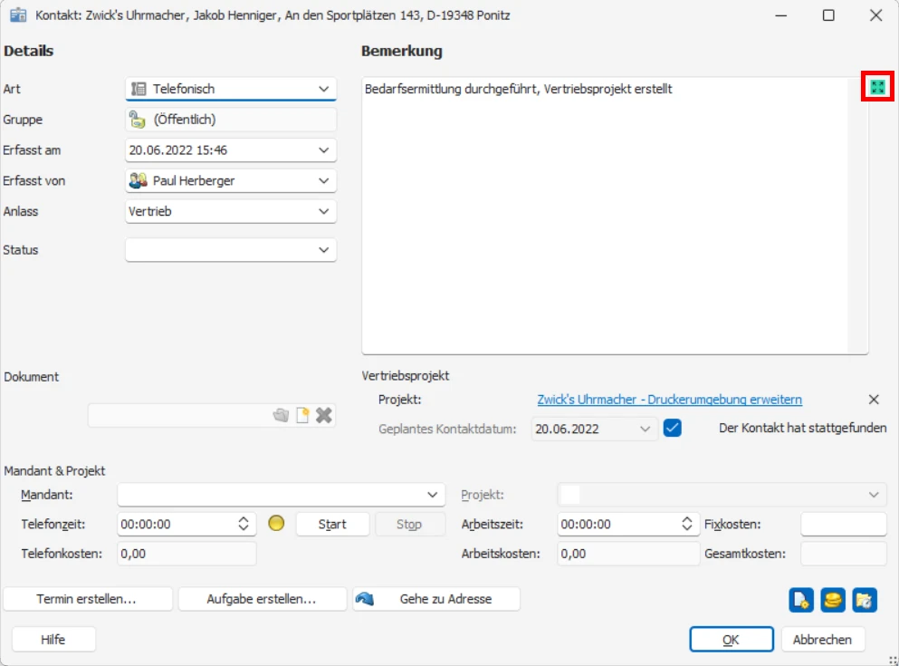 cobra KI-Integration Bemerkung Erweitern