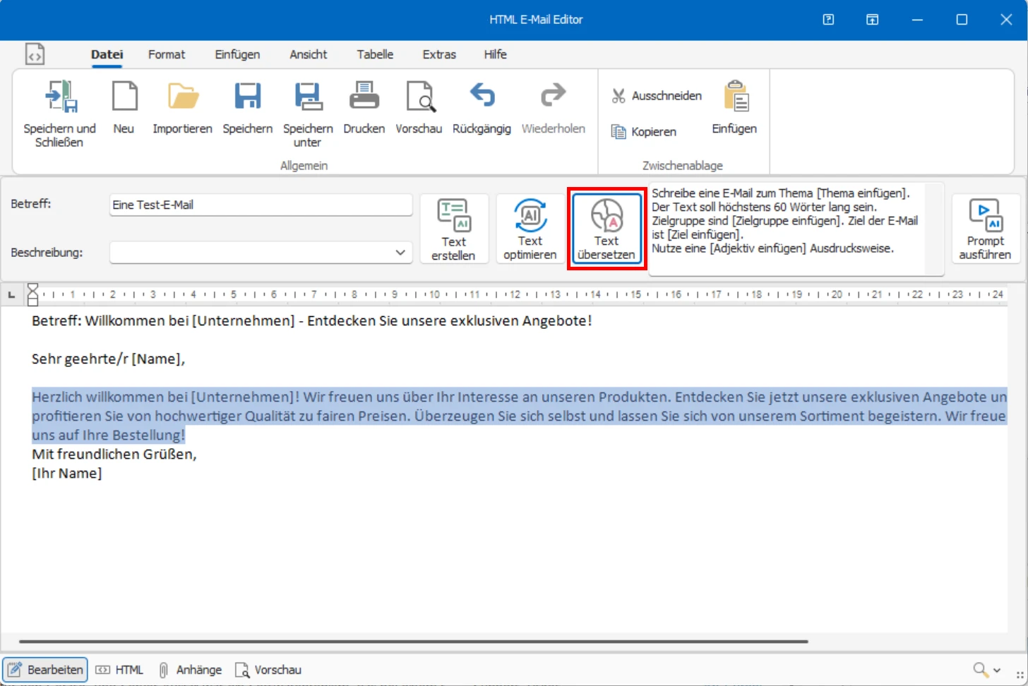 cobra KI-Integration Serien-E-Mail Editor Text uebersetzen