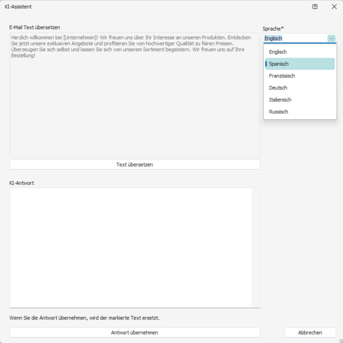 cobra KI-Integration Serien-E-Mail Editor Text uebersetzen Auswahl