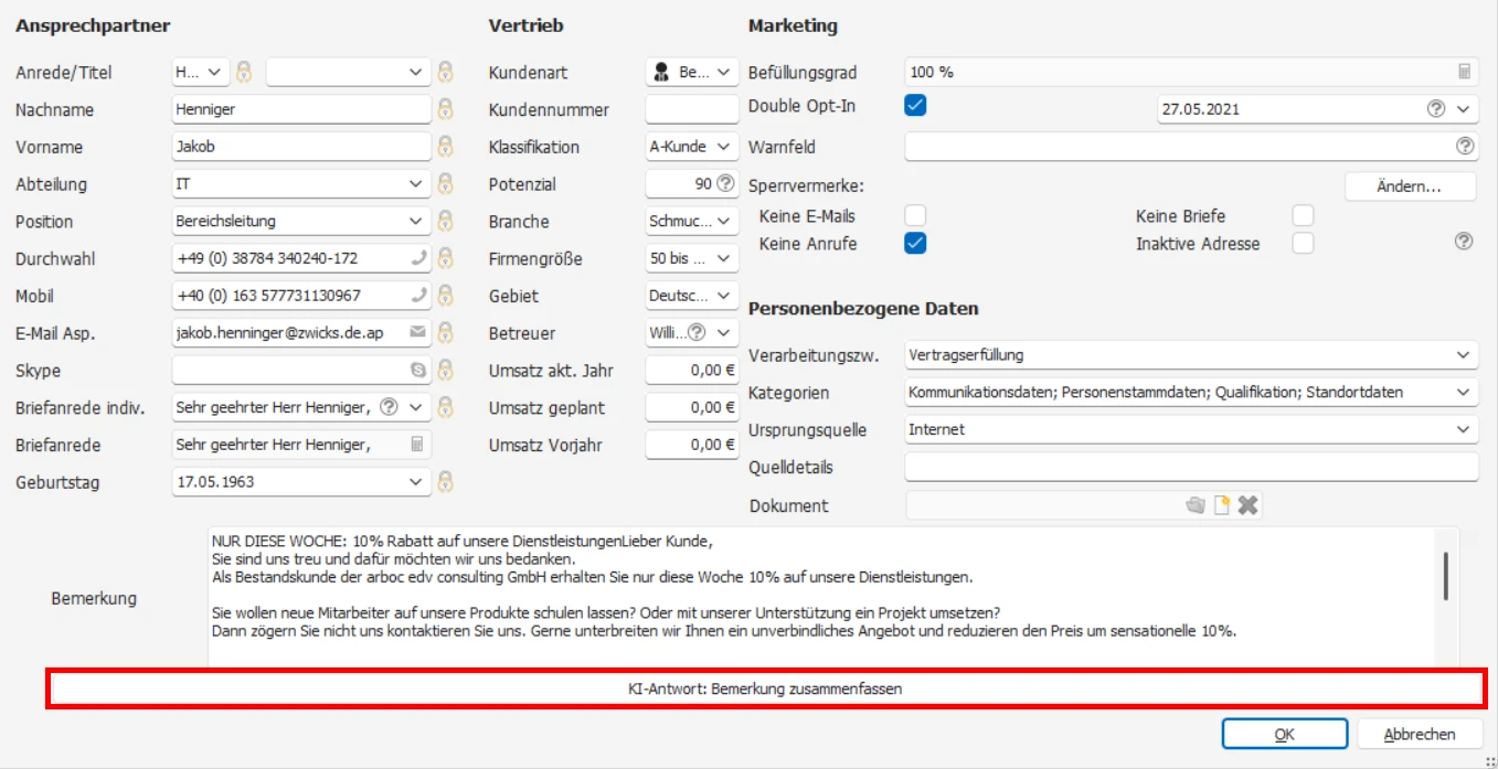 cobra KI-Integration Eingabemaske Schaltflaeche