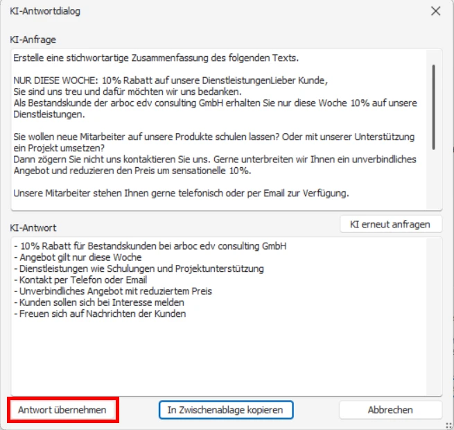 cobra KI-Integration Eingabemaske Schaltflaeche Zusammenfassen