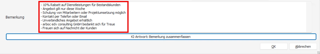cobra KI-Integration Eingabemaske Schaltflaeche Zusammenfassung