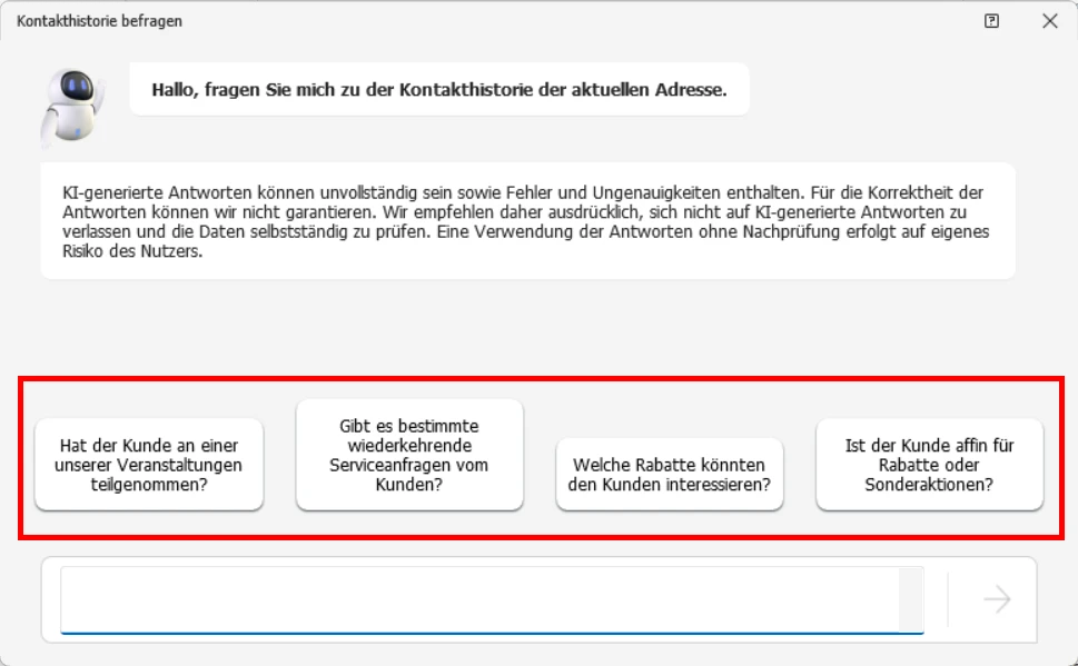 Dialog Kontakthistorie befragen mit vier von der KI vorgeschlagenen Fragen oberhalb des Eingabefelds
