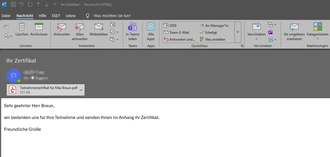 Ergebnis: E-Mail mit PDF-Zertifikat