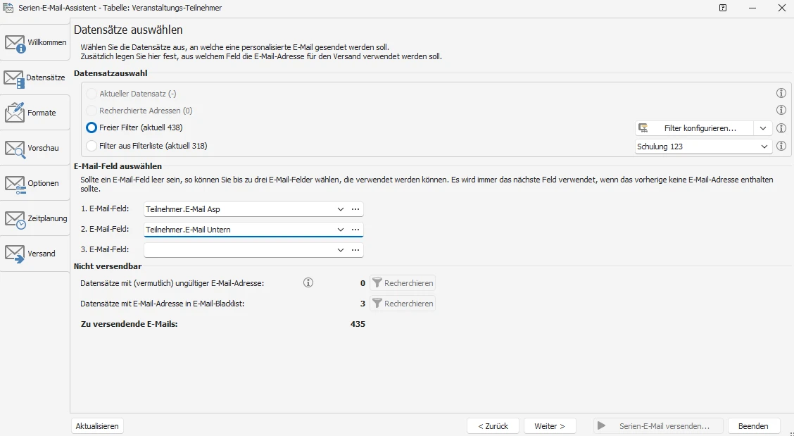 Filter und E-Mail-Felder