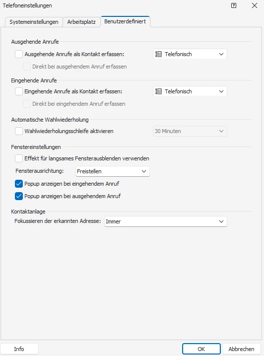 Telefoneinstellungen Benutzerdefiniert