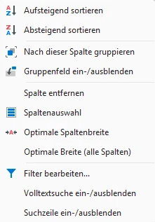 Spaltenkopf-Kontextmenü