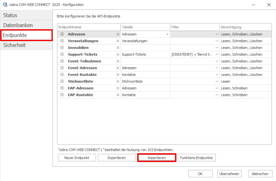 cobra Outlook Add-In Enddpunkte XML-Datei importieren