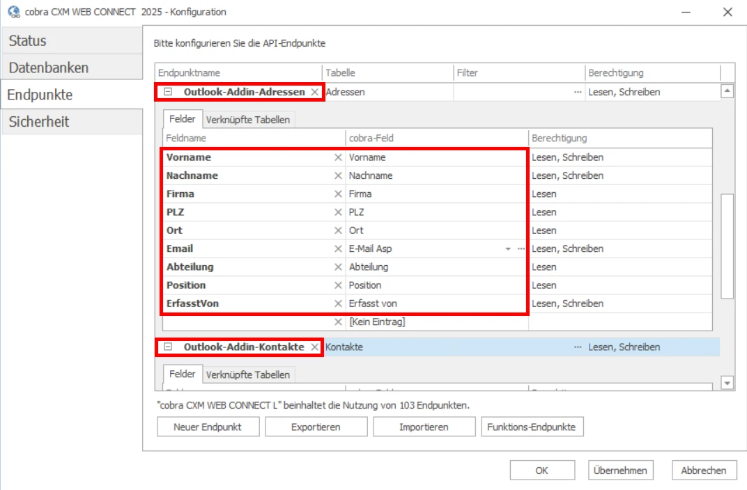 cobra Outlook Add-In Endpunkte Outlook-Addin-Adressen Outlook-Addin-Kontakte