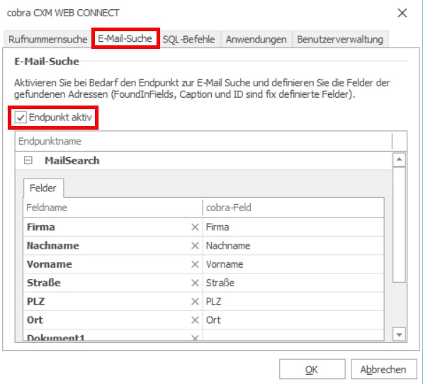 cobra Outlook Add-In Funktions-Endpunkt E-Mail-Suche
