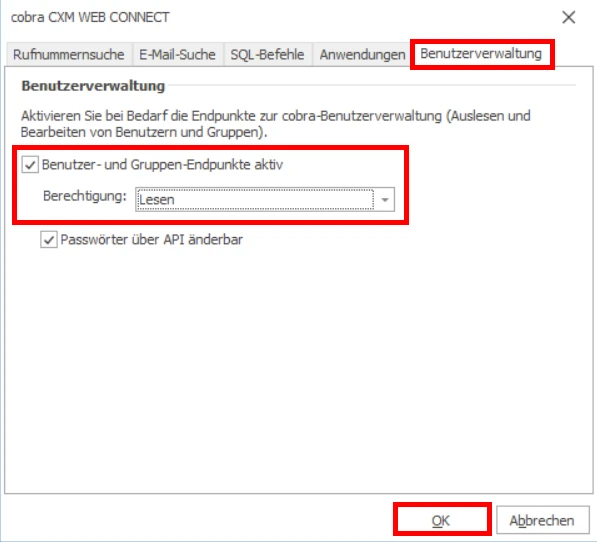 cobra Outlook Add-In Funktions-Endpunkt Benutzerverwaltung