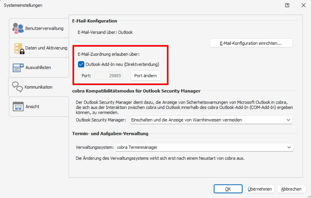 cobra Outlook Add-In Direktverbindung Einstellungen cobra CRM Systemweite Einstellungen Systemeinstellungen